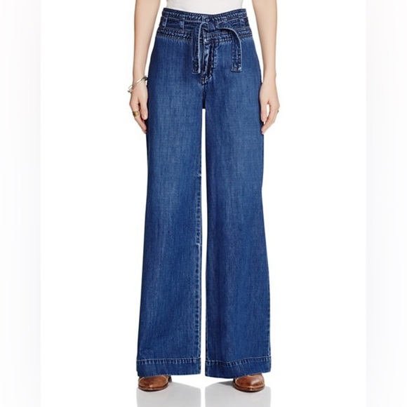 Free People Augusta Flare Wide Leg Belted Blue Denim Jeans - Picture 1 of 7